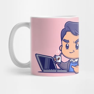 Cute Man Working On Laptop And Drink Coffee Cartoon Mug